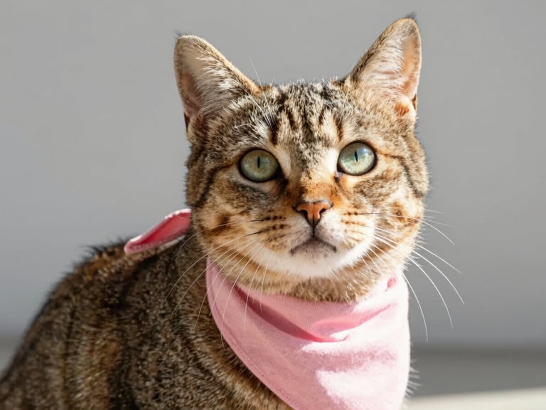 A beautiful tabby cat wearing a soft pink bandana, looking playful under bright natural daylight, eye-level, 35mm lens