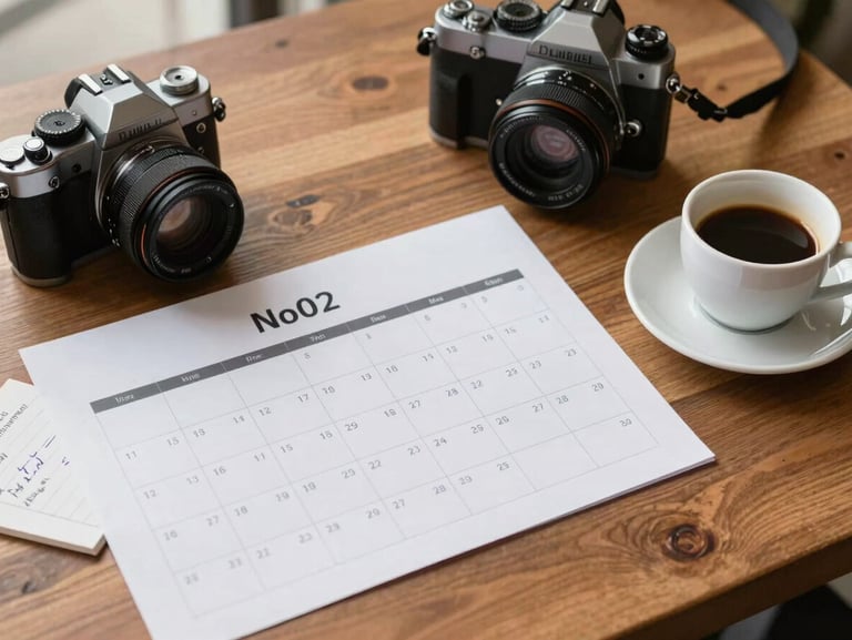 Overhead close study of a wooden table with a printed content calendar, a small camera, and handwritten notes beside an espresso cup, natural north-facing daylight, no faces, editorial and still