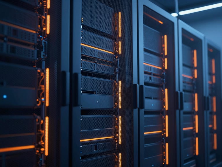Abstract digital infrastructure visualization, high-compliance cloud servers, dark blue and vibrant orange lighting, 35mm