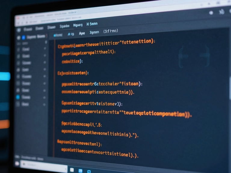 Close-up of clean code on a screen with subtle orange highlights, professional remote collaboration setting, 35mm