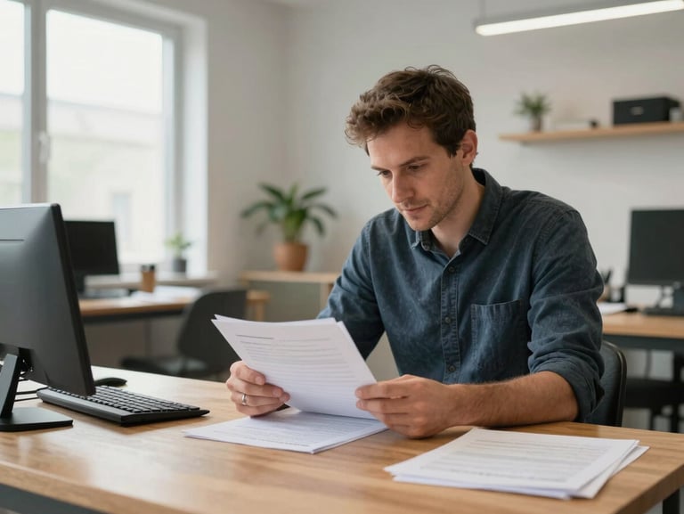 Medium shot of a focused Quebecois business owner reviewing documents at a clean wooden desk in a modern workshop, natural daylight, documentary feel.