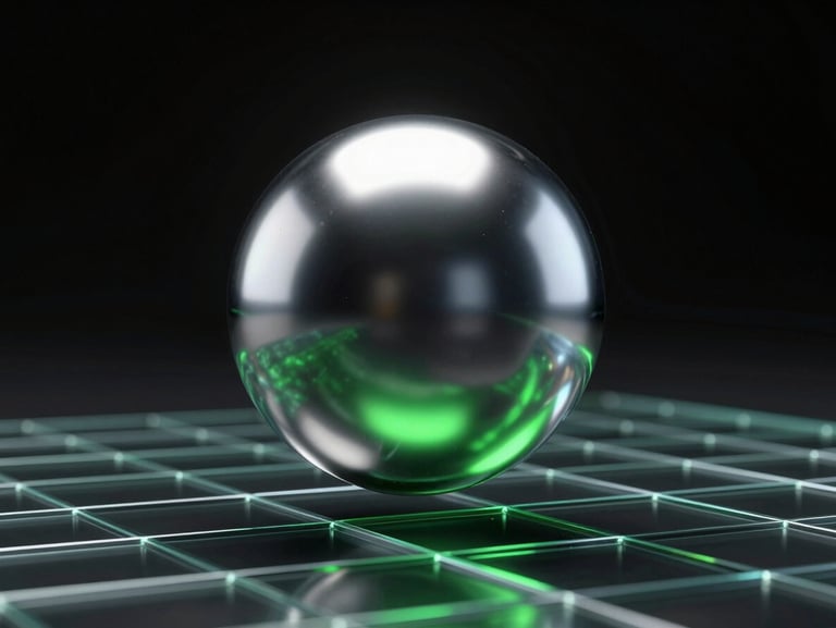 Sleek 3D render of a metallic liquid chrome sphere floating over a glass grid, dark high-contrast studio lighting, neon green reflections, 8k