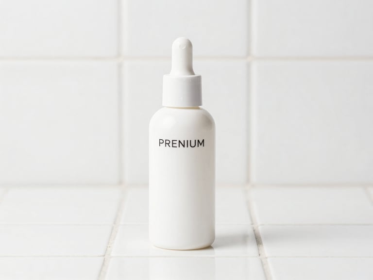 Premium cosmetic bottle on a clean white ceramic tile, soft diffused studio light