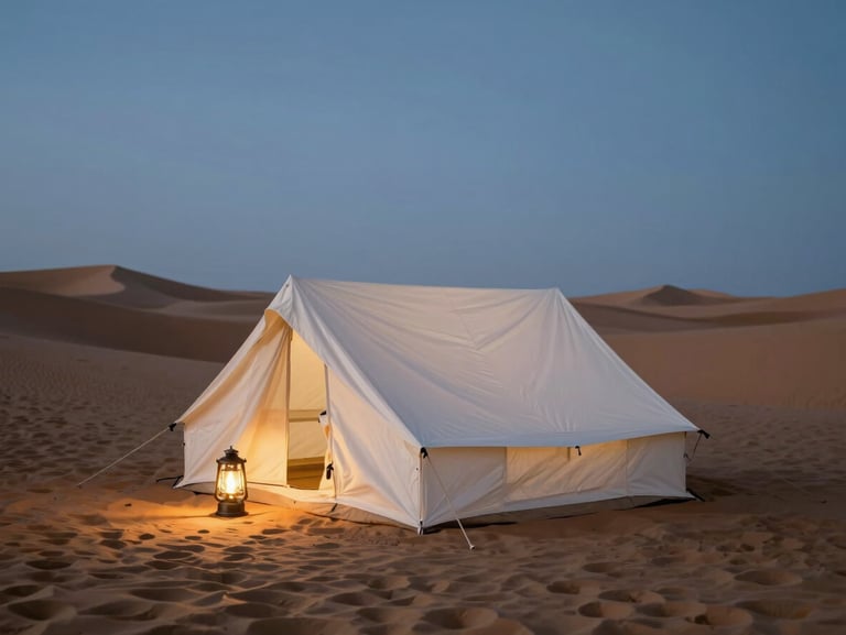 Luxury white canvas tent pitched on a pristine sand dune, warm lantern light glowing from within, vast twilight sky above