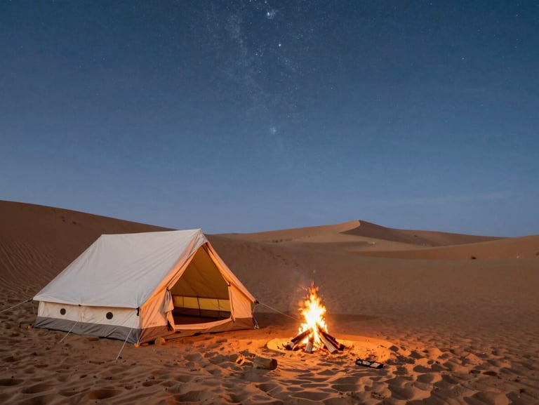 A luxury canvas tent pitched on a pristine sand dune in the Thar Desert at dusk, a single campfire glowing in front, vast starry sky
