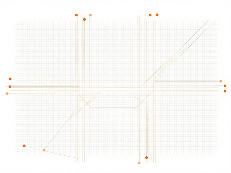 Abstract architectural grid showing data nodes and flow lines, minimalist vector styling, subtle orange accents, high-key white background