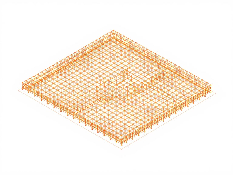 Isometric blueprint of automated warehouse logistics grid, thin orange lines connecting nodes, high-key studio lighting, stark white background
