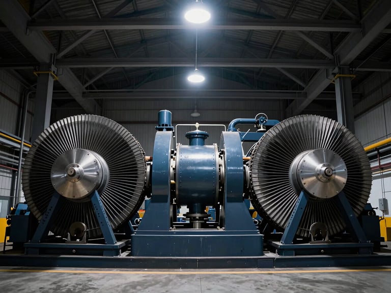 Heavy industrial machinery and turbines being calibrated under high-contrast architectural lighting.