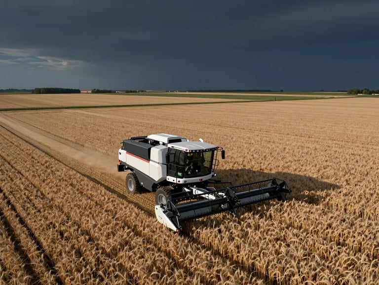 High-angle wide environmental shot, dramatic structural lighting, vast agricultural wheat fields with a modern automated harvesting system.