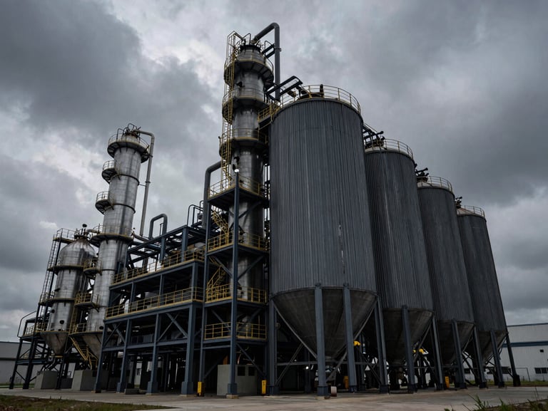 High-contrast architectural photograph, dramatic overcast sky, modern industrial processing plant with steel silos and raw material logistics infrastructure.