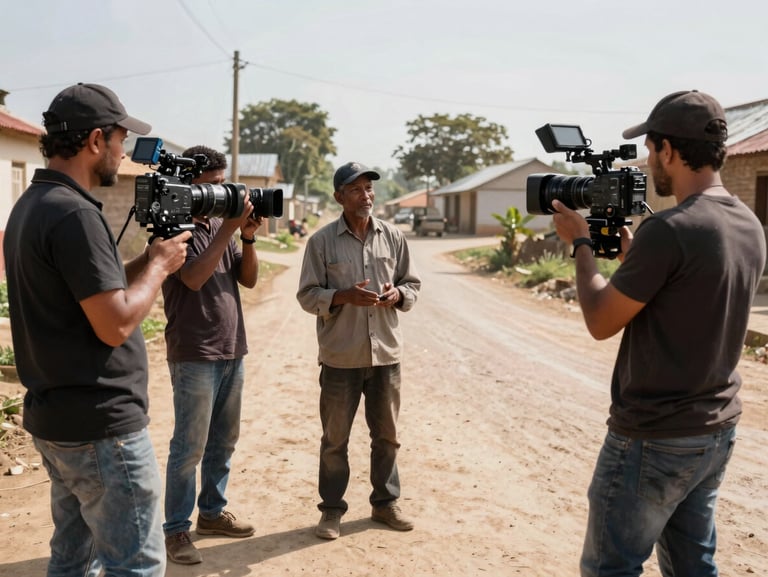A professional camera crew filming an interview with local rural voters on a dusty village road, high-contrast morning light