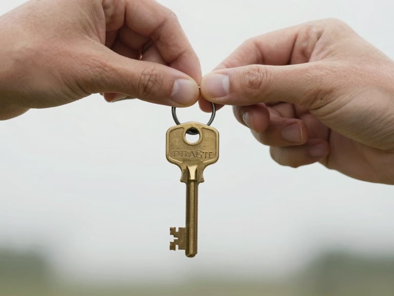 Close-up of a hand holding a brass key on a simple metal ring, bright natural daylight, clean background.