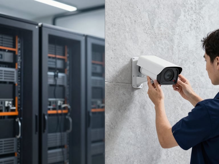 Professional security camera CCTV mounted on a clean concrete wall of a modern office building, with a technician configuring it, sharp focus, daytime, 35mm