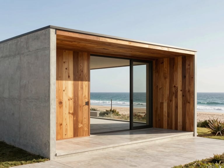 Wide shot of a minimalist coastal home in City Beach, raw concrete walls, warm timber cladding, overlooking the Indian Ocean, bright daylight, 35mm lens.