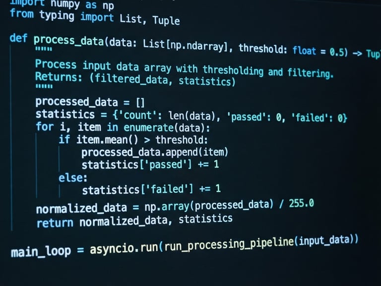 Macro shot of clean, well-structured code on a high-resolution screen with neon blue ambient glow, 35mm