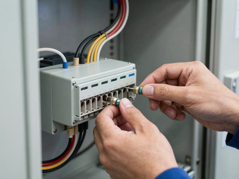 Close-up technical shot of an engineer's hands connecting industrial control wiring inside an open electrical panel on a manufacturing floor, precise cable routing, clean studio strobe lighting revealing component detail, shallow depth of field on terminal block