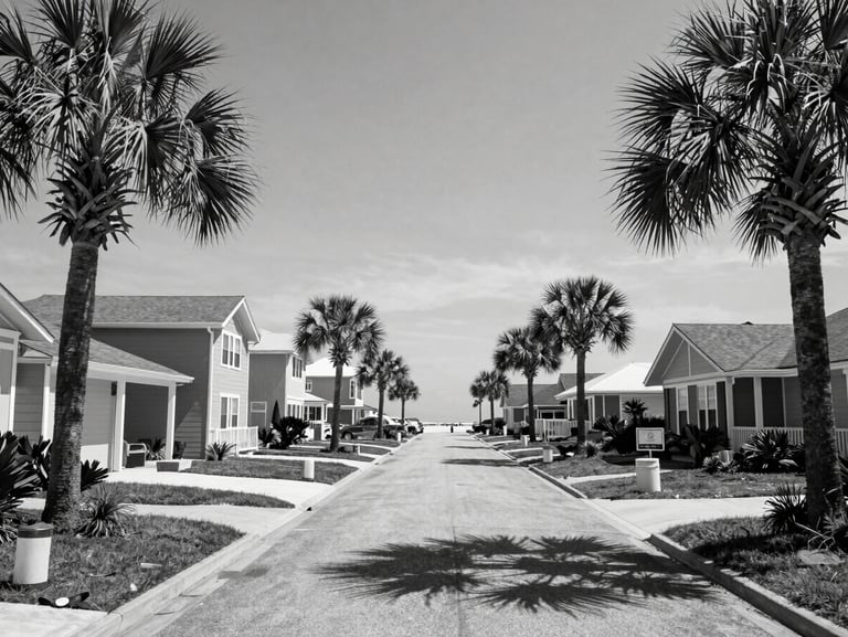 Black and white wide shot of a beachside residential street in Myrtle Beach, low-rise homes with mature palms, natural daylight, architectural environmental framing