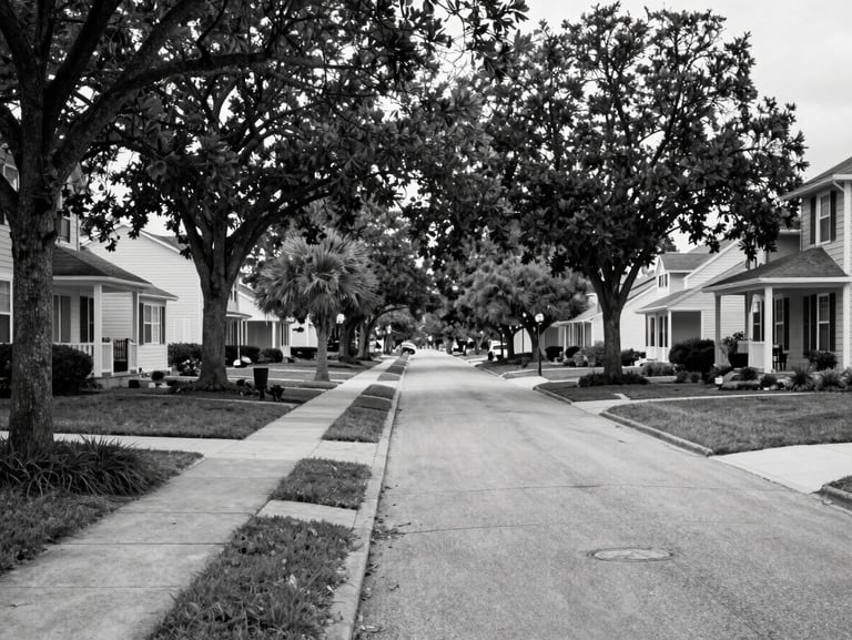 Black and white environmental shot of a tree-lined residential boulevard in North Myrtle Beach, single-family homes set back from wide sidewalks, natural daylight, quiet suburban framing