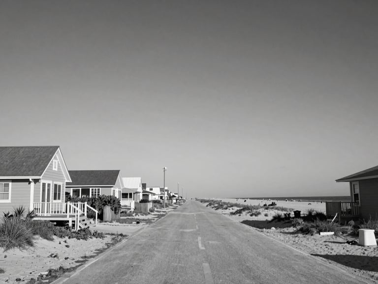 Black and white wide shot of the Surfside Beach waterfront, modest beach cottages along a quiet street, ocean visible in background, natural daylight, low horizon