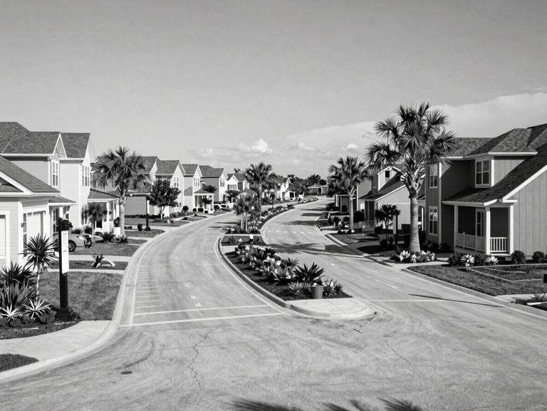 Black and white wide shot of a master-planned community entrance in Carolina Forest, curved roads, landscaped medians, large single-family homes, natural daylight