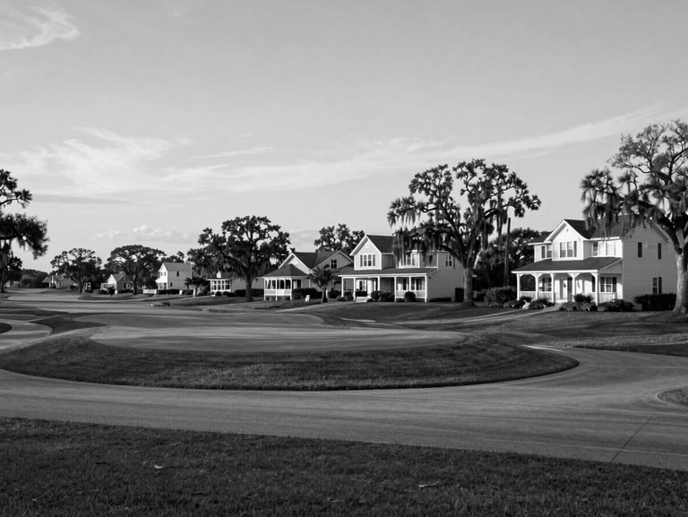 Black and white environmental shot of a golf course community in Pawleys Island area, large homes set among live oaks with Spanish moss, wide road, golden hour natural light