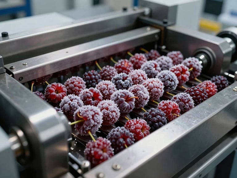 Línea de procesamiento industrial de acero inoxidable, berries congeladas IQF pasando por control de calidad óptico bajo luz brillante de laboratorio