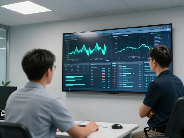 Wide engineering room with two professionals reviewing a multi-panel monitoring dashboard on a large wall-mounted screen, cool diffused overhead lighting, teal data traces visible on dark monitor backgrounds, focused conversation posture