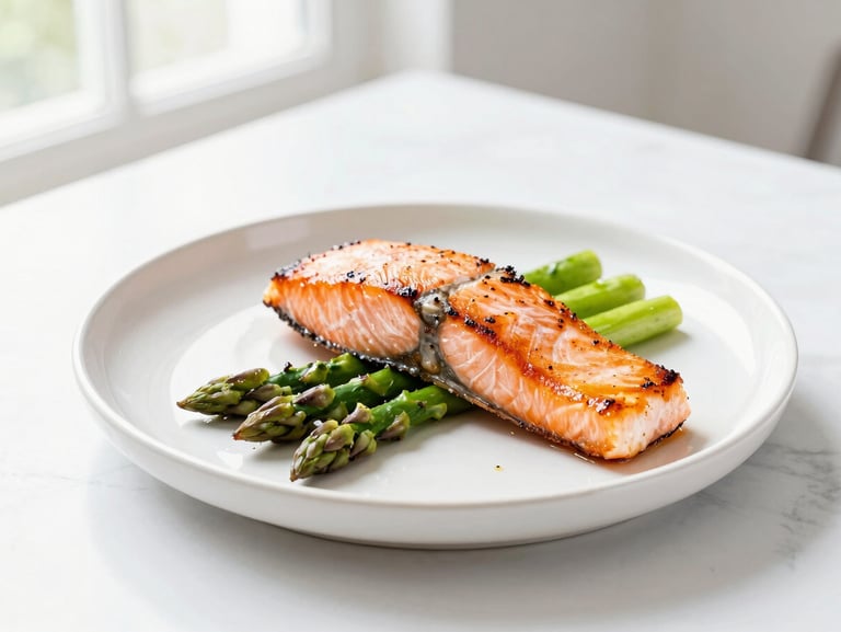 Bright editorial shot of pan-seared salmon with citrus asparagus, clean minimalist plating, natural light