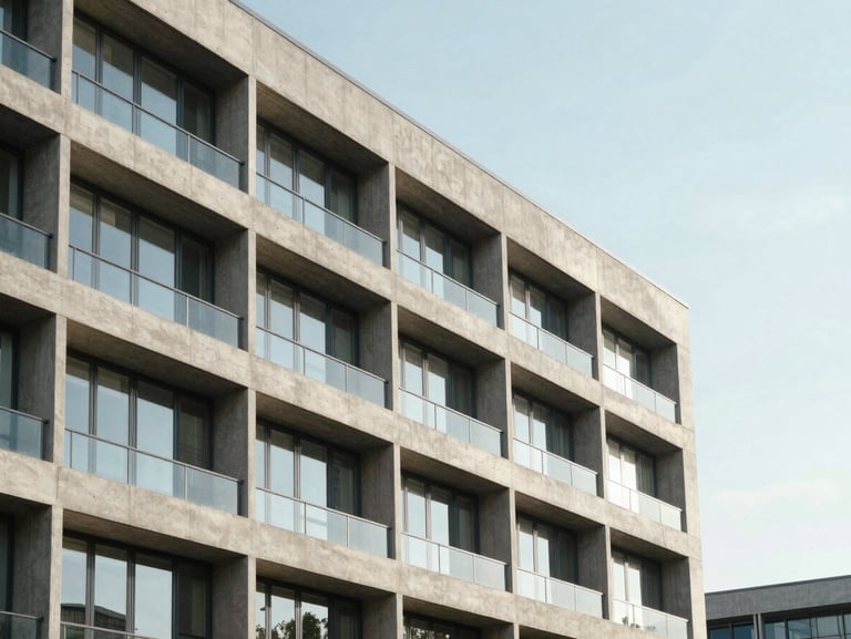 Architectural detail of a modern university building facade, concrete and glass lines, bright daytime sky, clean minimalist composition.