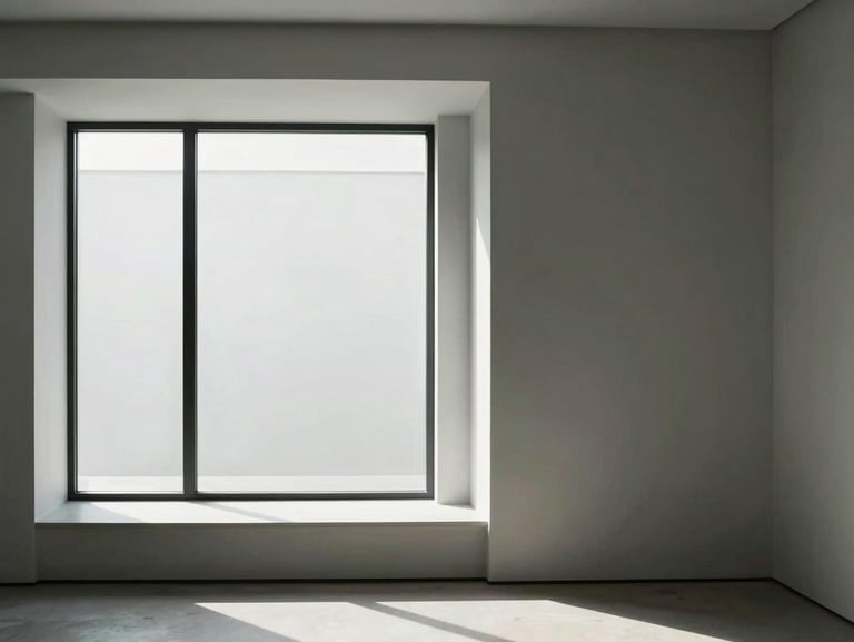 Clean minimalist home interior with soft natural daylight streaming through a large window, architectural lines, muted cool tones