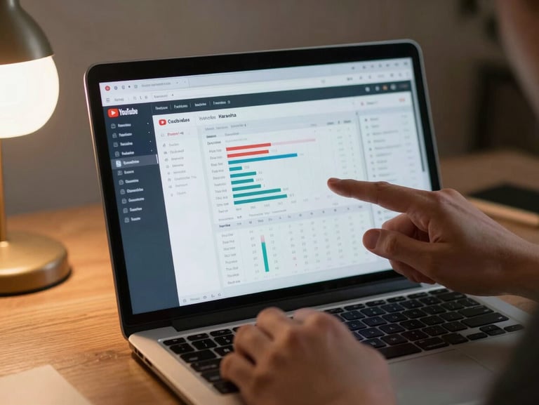 Close-up of hands scrolling through a YouTube analytics dashboard on a laptop screen, warm ambient desk lamp to the left, shallow focus on the screen data, honest and unposed