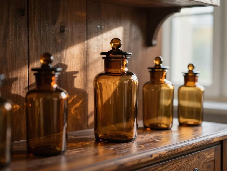 Amber glass apothecary jars on a dark wooden shelf, soft afternoon sunlight filtering through a window, warm and historic mood.