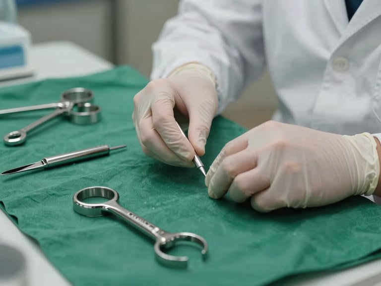 Primer plano de manos de un especialista con guantes quirúrgicos preparando instrumental de acero inoxidable sobre una bandeja estéril.