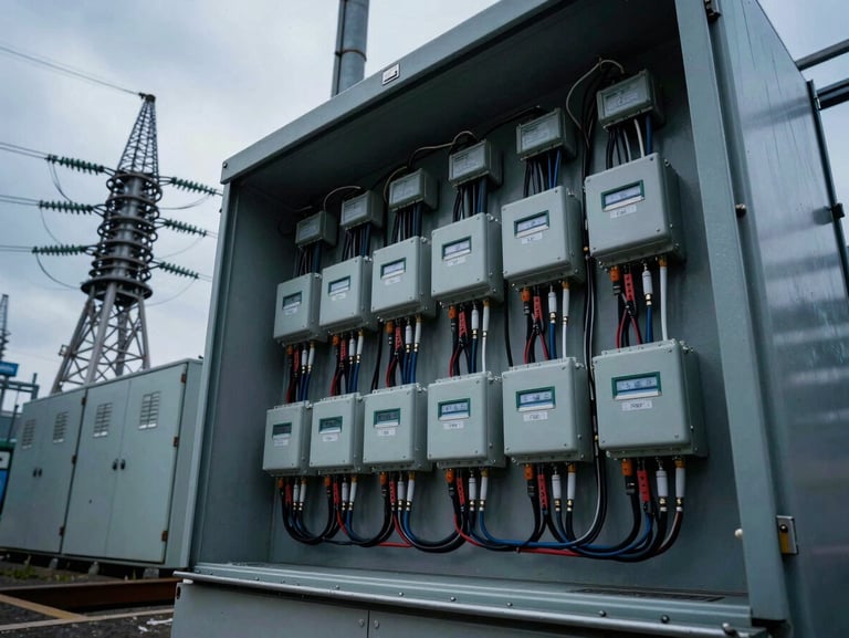 High-voltage industrial electrical control panel with complex wiring, sharp focus, dramatic industrial lighting.