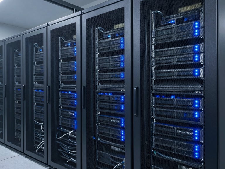 Clean enterprise server racks with blinking blue LED lights, structured cabling, cool slate gray tones.