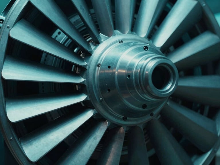 Macro close-up of heavy mechanical turbine blades, cool tech-teal lighting, sharp metallic edges