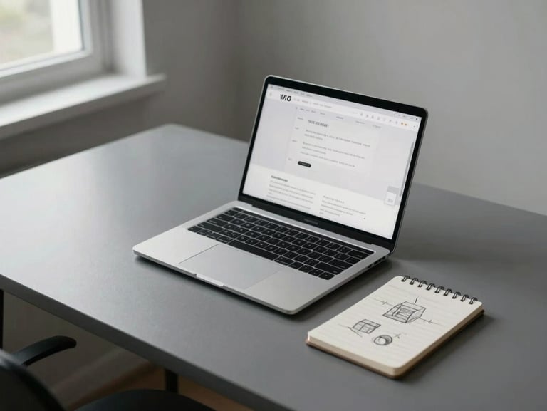 Wide environmental shot of a minimal studio desk from above — open MacBook showing a clean website interface, a small notepad with structural sketches beside it, soft north-facing daylight from a window on the left, no clutter, monochromatic surface tones
