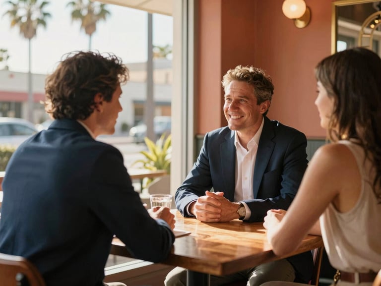 A friendly, professional face-to-face meeting between two people at a wooden table in a bright, cozy café in South Bay San Diego, with soft palm trees visible through the window, warm terracotta and gold tones.