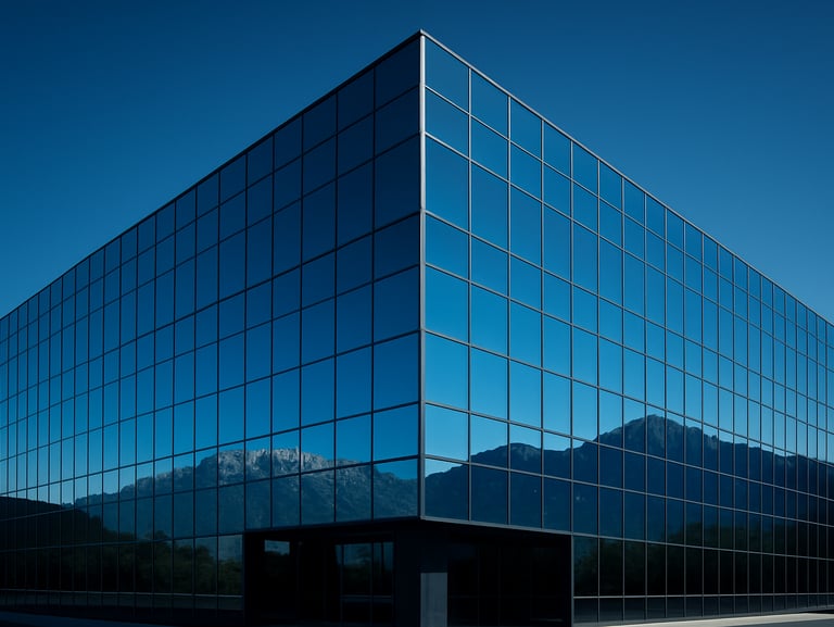 Wide angle of a modern commercial office building with reflective tinted glass facade reflecting the blue Utah sky and Wasatch mountains.