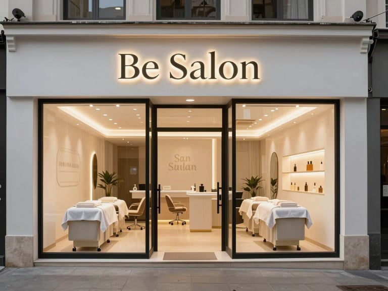 Modern retail storefront of Be Salon in San Juan, elegant interior lighting, clean minimalist design.