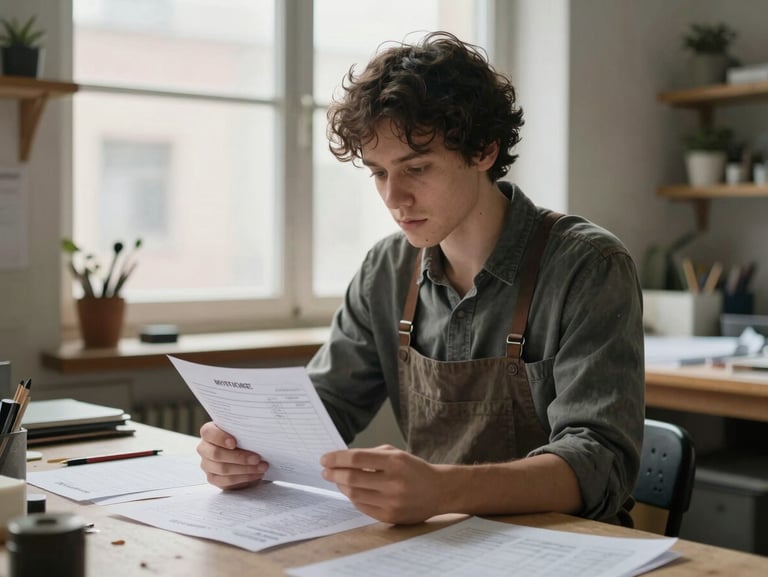 Candid portrait of an independent craft producer in their workshop, reviewing physical invoices under soft window light.
