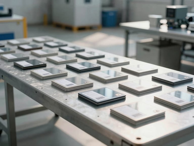 Wide environmental shot of a logistics staging area, product samples arranged on a steel inspection table under bright north-facing daylight, labels and barcodes visible, no people, clean facility aesthetic