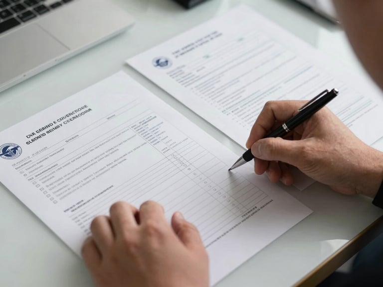 Close-up bird's-eye view of customs and shipping documents laid flat on a light grey desk, official stamps visible, a hand holding a pen over a compliance checklist, clean shadowless overhead lighting