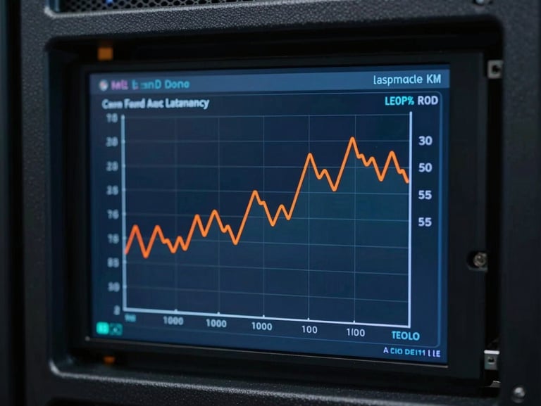 A close-up of a server latency graph showing response times in milliseconds, clean vector UI with deep blue and orange lines