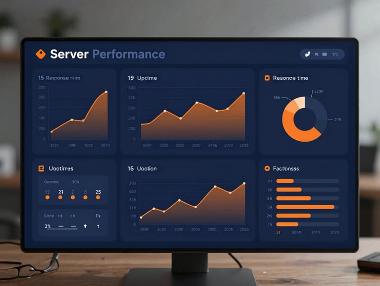 A clean vector UI mockup of a server performance dashboard, displaying uptime graphs, response time metrics, and flat technical charts in deep blue and orange.