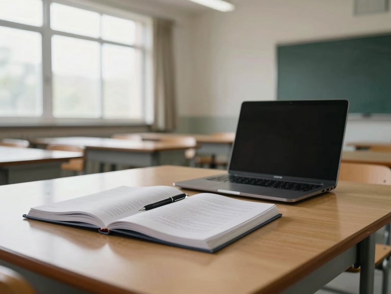 Wide view of an empty classroom table at morning, a open workbook and a pen resting beside a laptop, diffused natural light from a large window on the left, clean and minimal