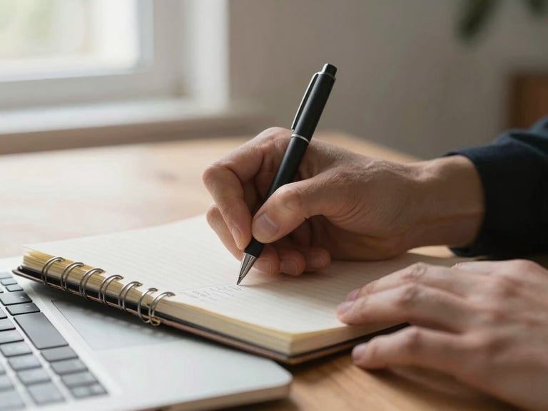 Close-up of hands writing notes in a lined notebook beside a laptop keyboard on a wooden desk, morning window light diffused, no faces visible