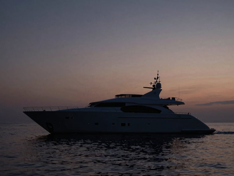Wide-angle shot of a custom superyacht hull cutting through calm twilight waters, minimalist silhouette against a dark sky, natural low-key lighting.