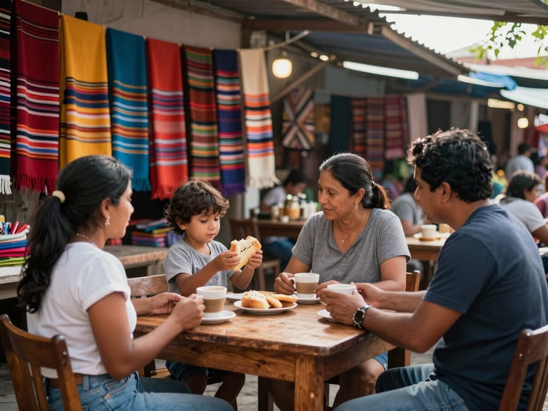 Wide shot of a family at an outdoor market in Antigua Guatemala, colorful textiles hanging in the background, a child holding a piece of local bread, parents seated at a wooden table with coffee cups, warm ambient morning light through market awnings