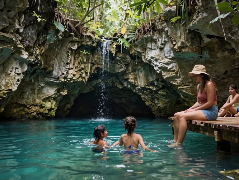 Wide environmental shot of a family of four at a cenote in the Yucatan Mexico, children wading in turquoise water near limestone walls, parents watching from a wooden platform, soft diffused natural light filtering through jungle canopy above